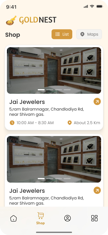 GoldNest Shop List screen