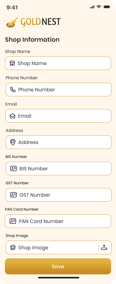 GoldNest Shopkeeper Register screen